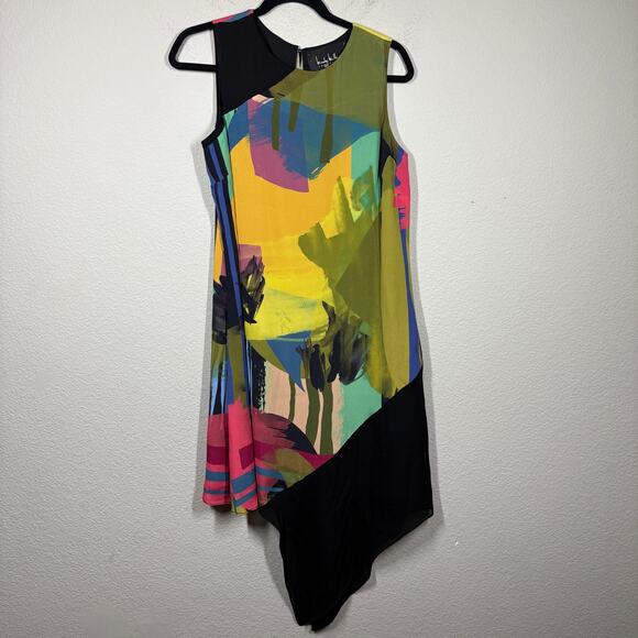 Nicole Miller Small Asymmetric Sheath Dress Black Yellow Silk Blend Abstract - Picture 2 of 9